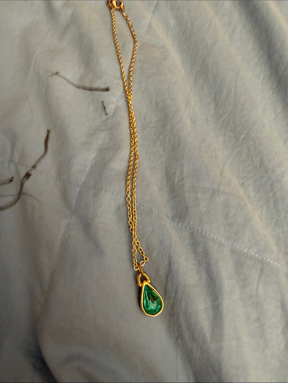 Gold Plated Necklace with Green Teardrop Pendant